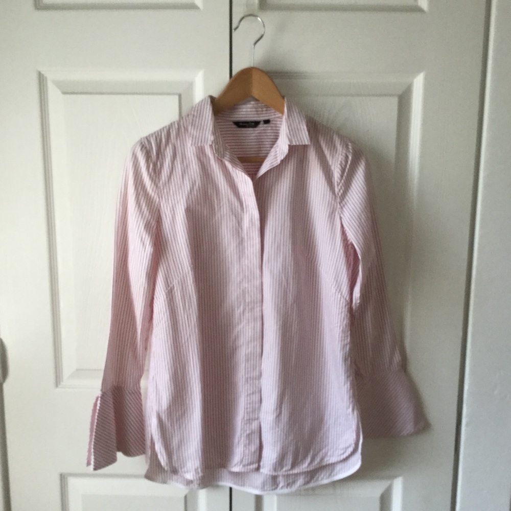 Massimo Dutti White & Red Pinstripe Button Down Shirt w/ Bell Sleeves EUC